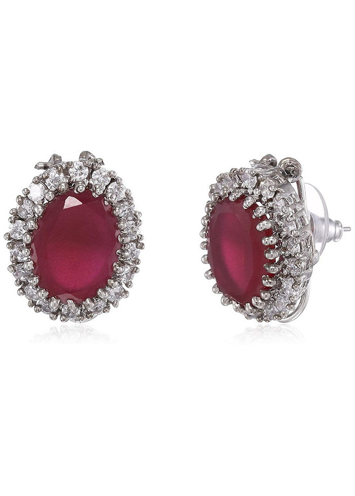 Estele Brass Rhodium Plated American Diamond CZ Ruby Halo Stud Earrings for Girls - Indian Silk House Agencies