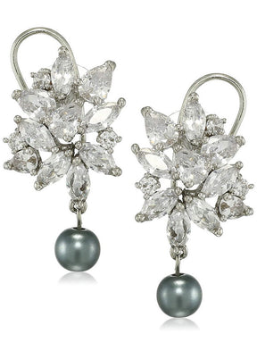 Estele Brass Rhodium Plated American Diamond Pear Marquise cluster Grey Pearl Girls Drop Earrings - Indian Silk House Agencies