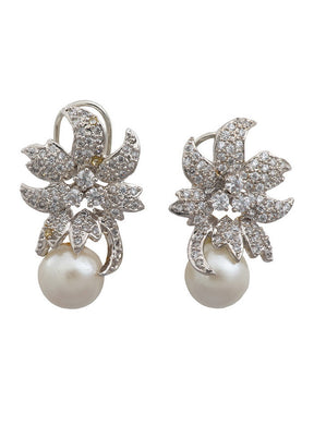 Estele Brass Rhodium Plated American Diamond Bell flower Golden Pearl Stud Earrings For Girls - Indian Silk House Agencies