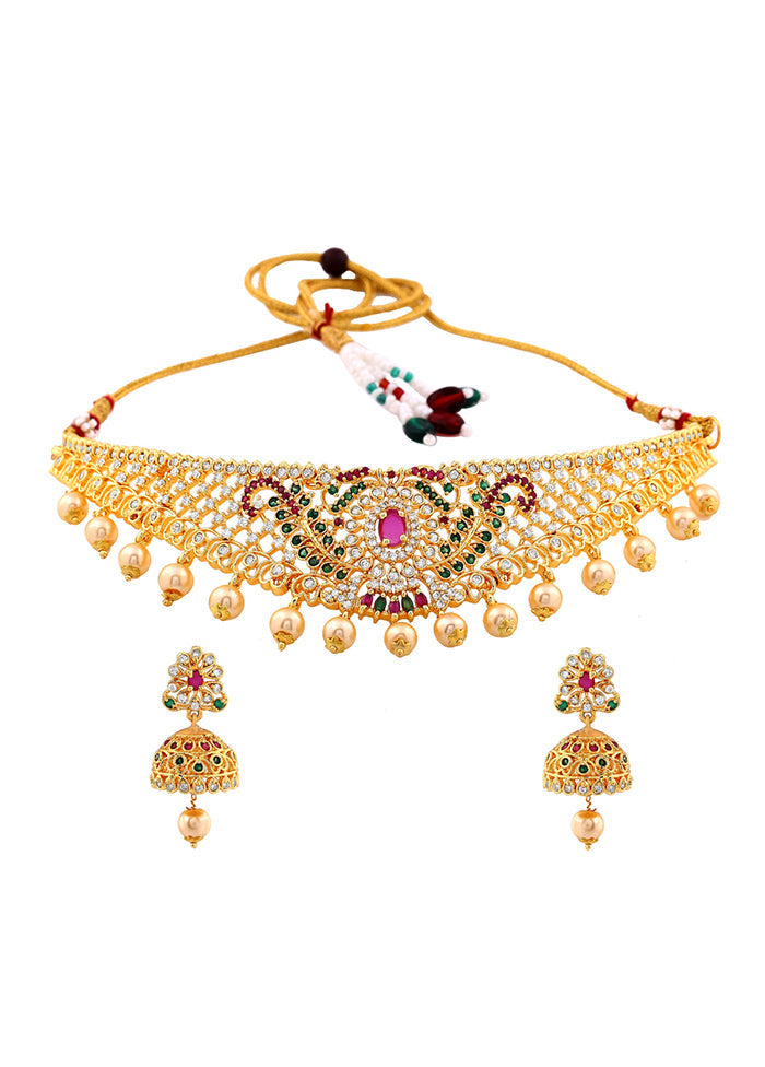 Gold Plated CZ Bridal Choker Necklace Set - Indian Silk House Agencies