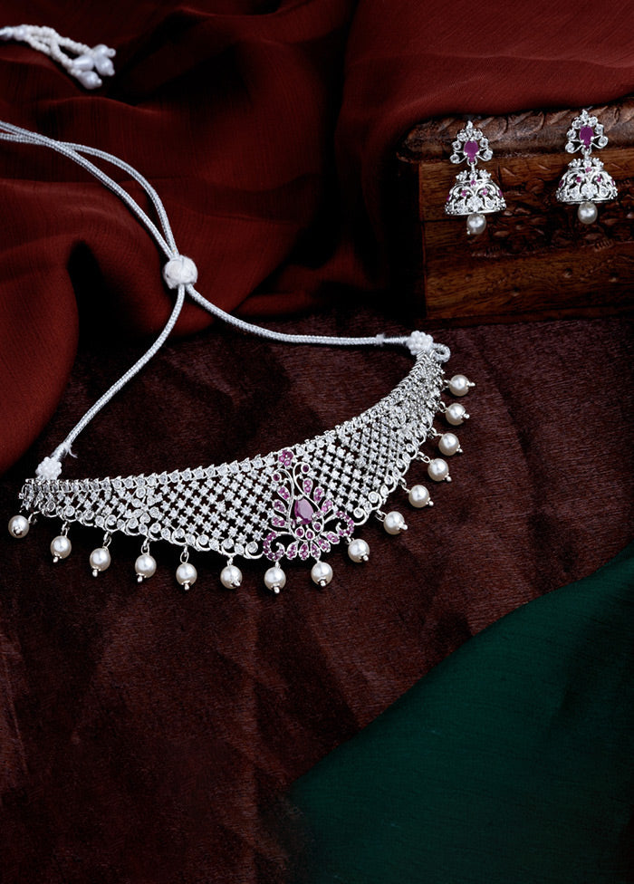 Rhodium Plated CZ Traditional Bridal Choker Set - Indian Silk House Agencies