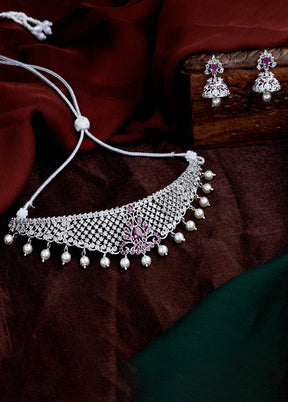 Rhodium Plated CZ Traditional Bridal Choker Set - Indian Silk House Agencies