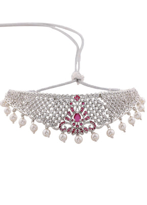 Rhodium Plated CZ Traditional Bridal Choker Set - Indian Silk House Agencies
