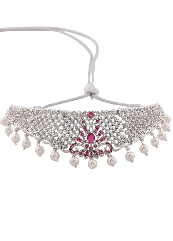 Rhodium Plated CZ Traditional Bridal Choker Set - Indian Silk House Agencies