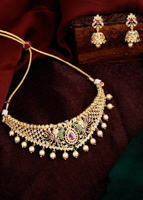 Gold Plated CZ Peacock Designer Bridal Choker Necklace Set - Indian Silk House Agencies