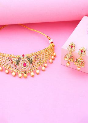 Gold Plated CZ Peacock Designer Bridal Choker Necklace Set - Indian Silk House Agencies