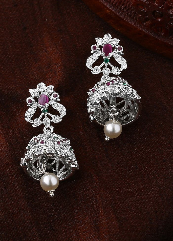 Rhodium Plated CZ Arcadia Jhumki Earrings - Indian Silk House Agencies