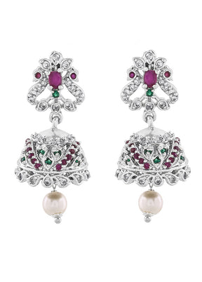 Rhodium Plated CZ Arcadia Jhumki Earrings - Indian Silk House Agencies