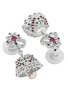 Rhodium Plated CZ Arcadia Jhumki Earrings - Indian Silk House Agencies