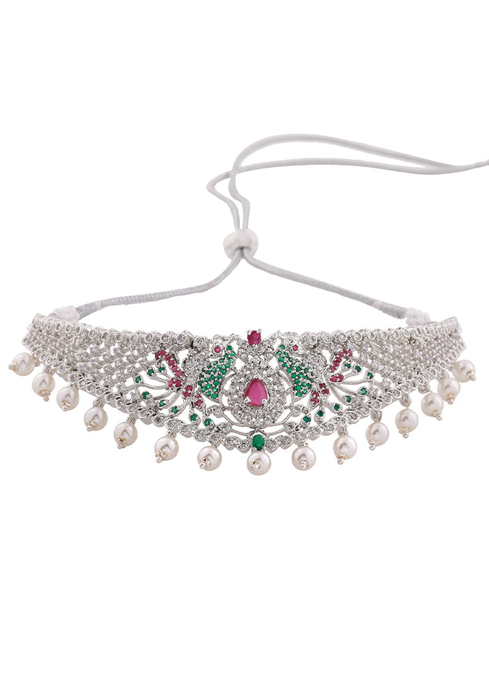 Rhodium Plated CZ Peacock Designer Bridal Choker Necklace Set - Indian Silk House Agencies