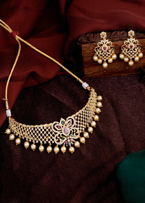 Gold Plated CZ Elegant Bridal Choker Necklace Set - Indian Silk House Agencies