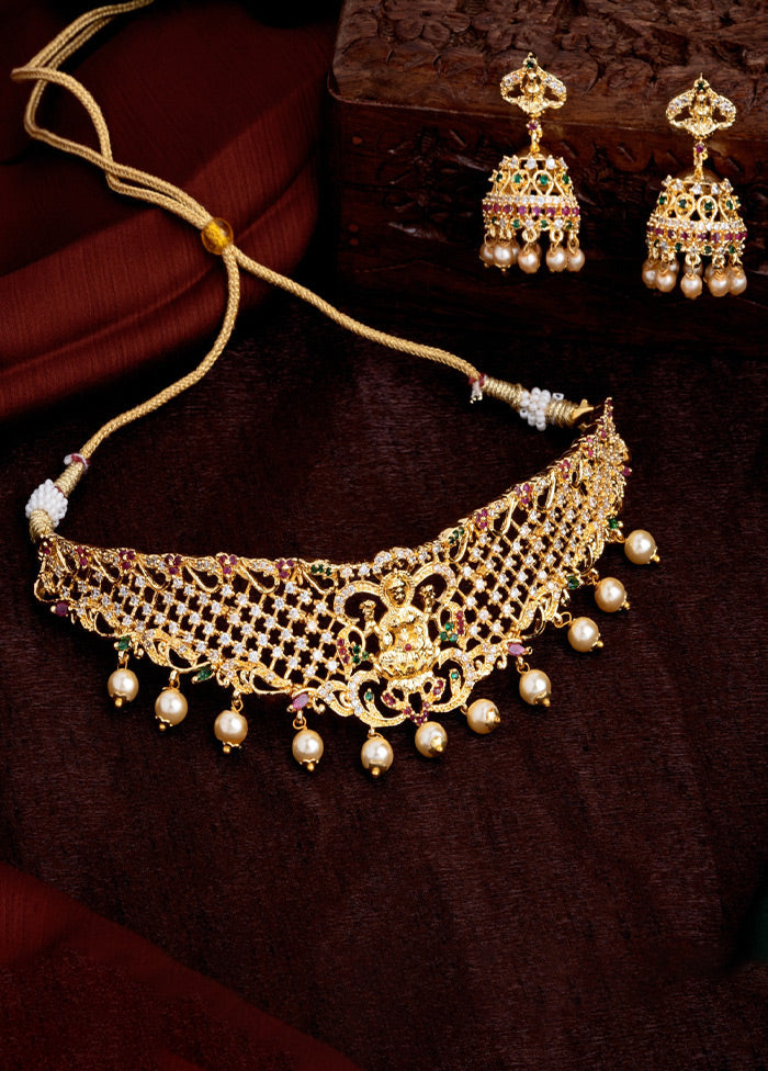 Gold Plated CZ Divine Laxmi Ji Designer Bridal Necklace Set - Indian Silk House Agencies