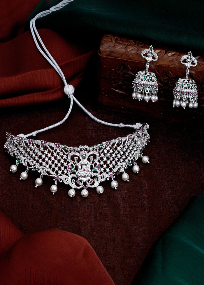 Rhodium Plated CZ Divine Laxmi Ji Designer Bridal Necklace Set - Indian Silk House Agencies