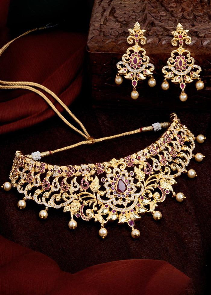 Gold Plated CZ Magnificent Bridal Choker Necklace Set - Indian Silk House Agencies