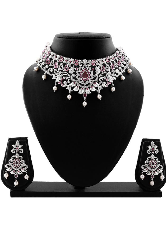 Rhodium Plated CZ Magnificent Bridal Necklace Set - Indian Silk House Agencies