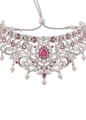 Rhodium Plated CZ Magnificent Bridal Necklace Set - Indian Silk House Agencies
