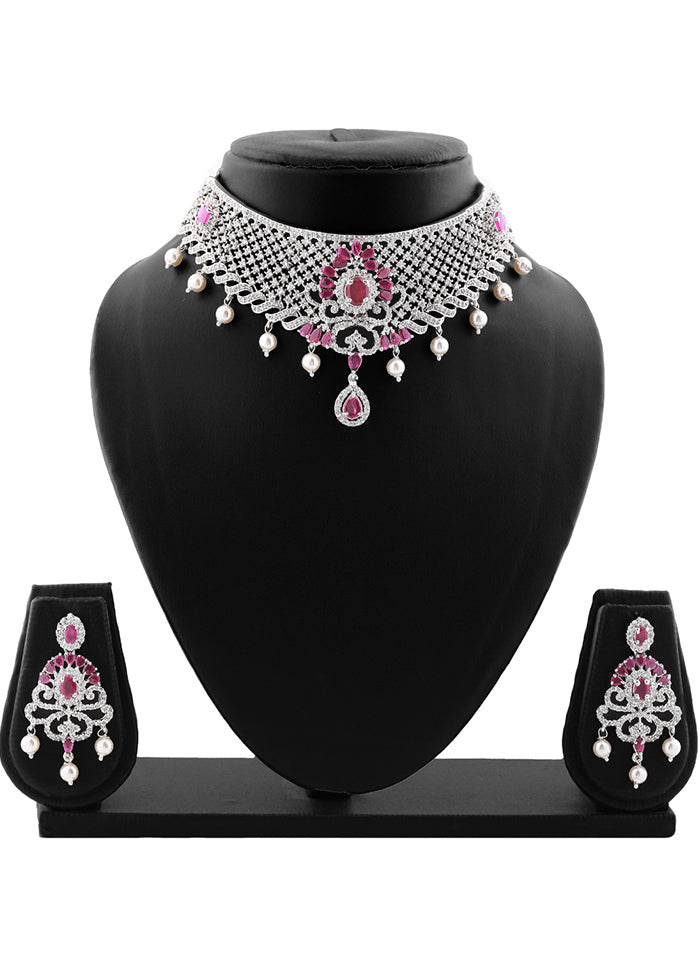 Rhodium Plated CZ Traditional Bridal Choker Set - Indian Silk House Agencies