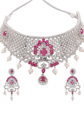 Rhodium Plated CZ Traditional Bridal Choker Set - Indian Silk House Agencies