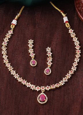 Gold Plated CZ Floral Line Bridal Necklace Set - Indian Silk House Agencies