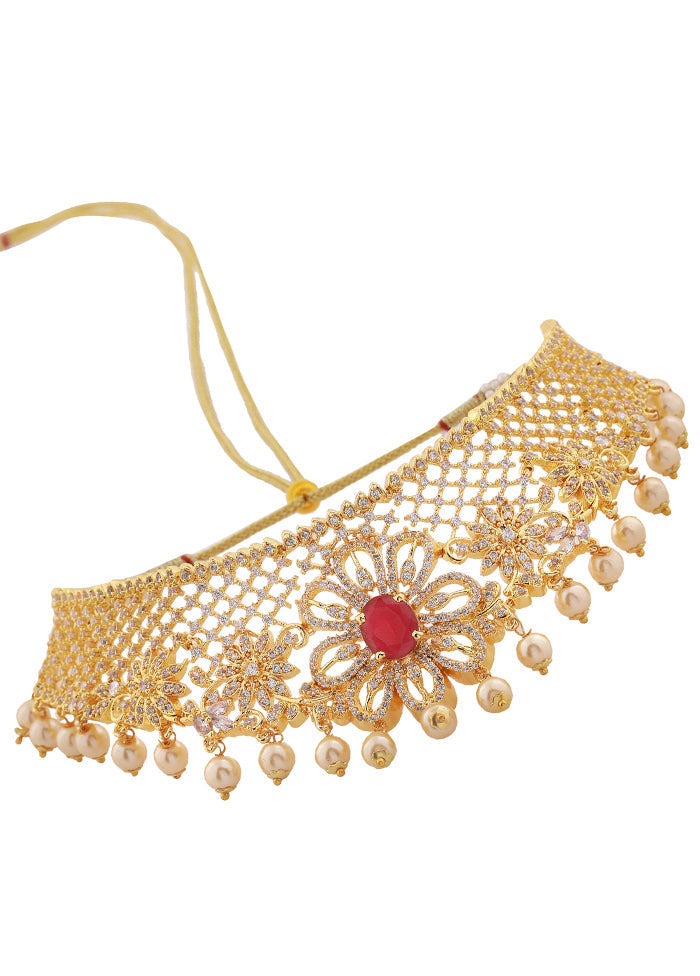Gold Plated CZ Floral Design Bridal Choker Necklace Set - Indian Silk House Agencies