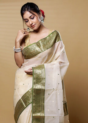 White Handloom Chanderi Pure Cotton Saree With Blouse Piece