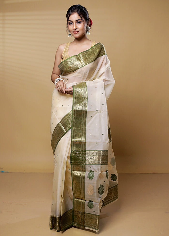 White Handloom Chanderi Pure Cotton Saree With Blouse Piece