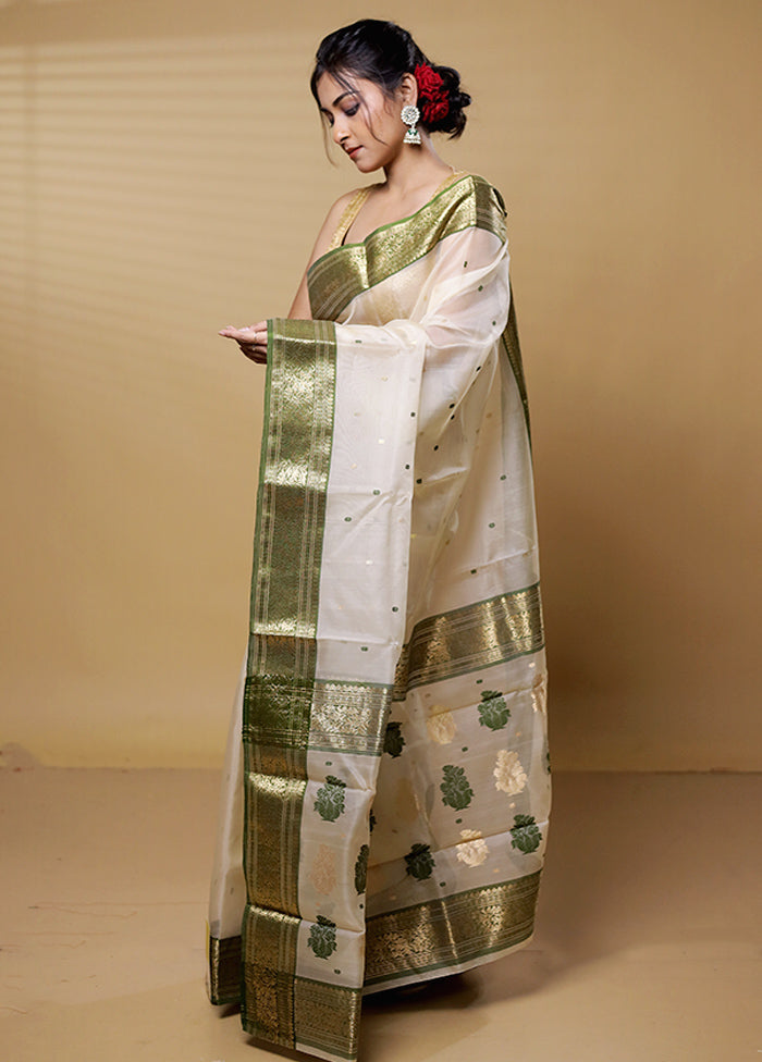 White Handloom Chanderi Pure Cotton Saree With Blouse Piece