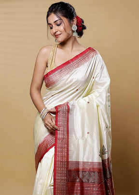 Cream Bomkai Pure Silk Saree Without Blouse Piece