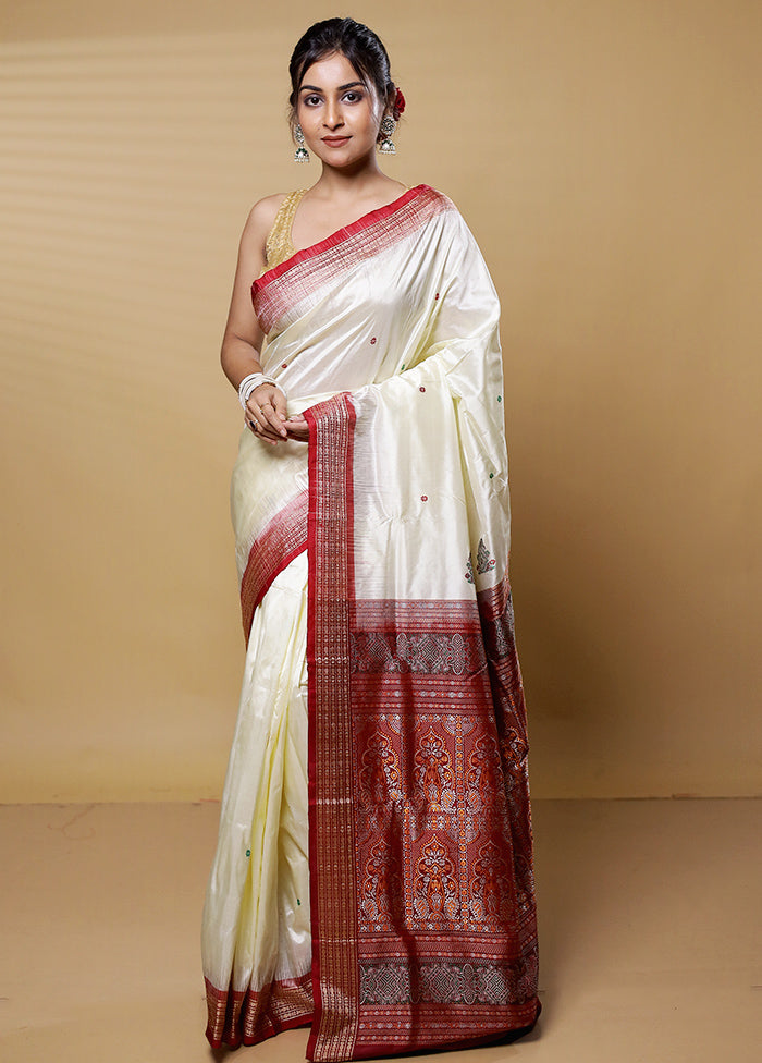 Cream Bomkai Pure Silk Saree Without Blouse Piece