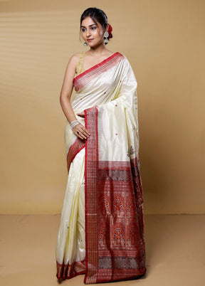 Cream Bomkai Pure Silk Saree Without Blouse Piece