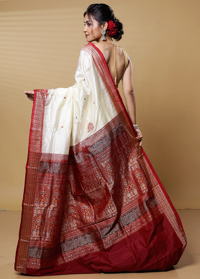 Cream Bomkai Pure Silk Saree Without Blouse Piece