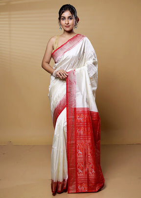 Cream Bomkai Pure Silk Saree Without Blouse Piece