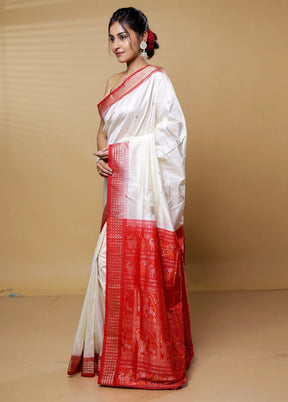 Cream Bomkai Pure Silk Saree Without Blouse Piece