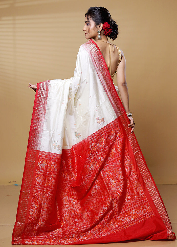 Cream Bomkai Pure Silk Saree Without Blouse Piece