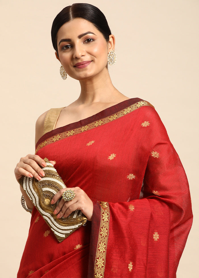 Red Dupion Silk Saree With Blouse Piece - Indian Silk House Agencies