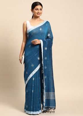 Blue Cotton Saree With Blouse Piece