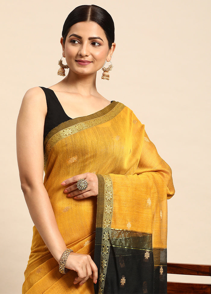 Yellow Black Zari Buti Silk Cotton Saree With Blouse Piece