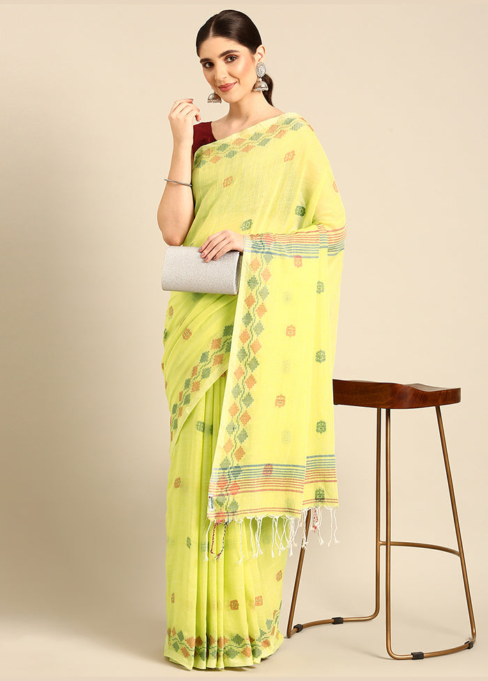 Lime Green Cotton Saree With Blouse Piece