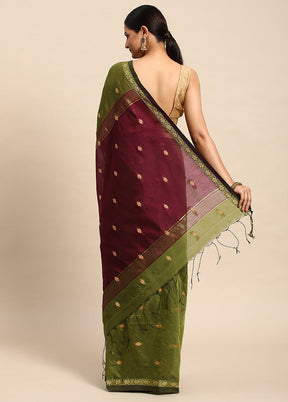 Green Purple Silk Cotton Saree With Blouse Piece