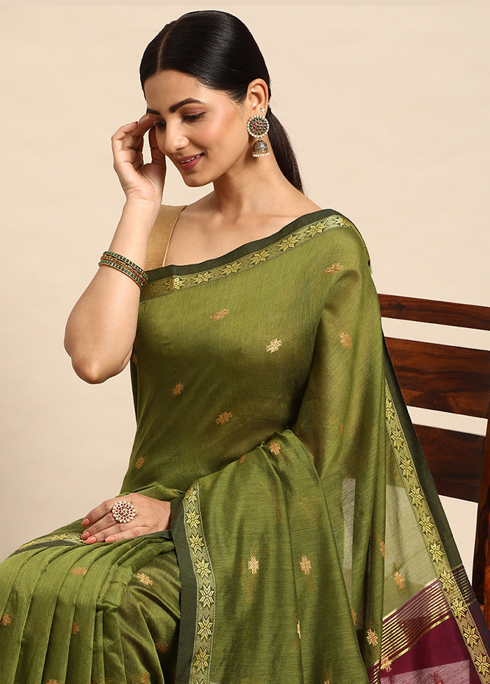 Green Purple Silk Cotton Saree With Blouse Piece