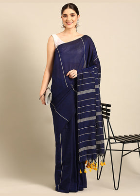 Navy Blue Cotton Saree With Blouse Piece - Indian Silk House Agencies