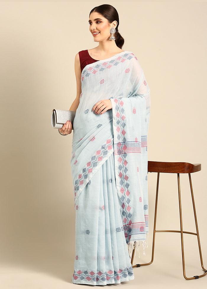 Sky Blue Cotton Saree With Blouse Piece