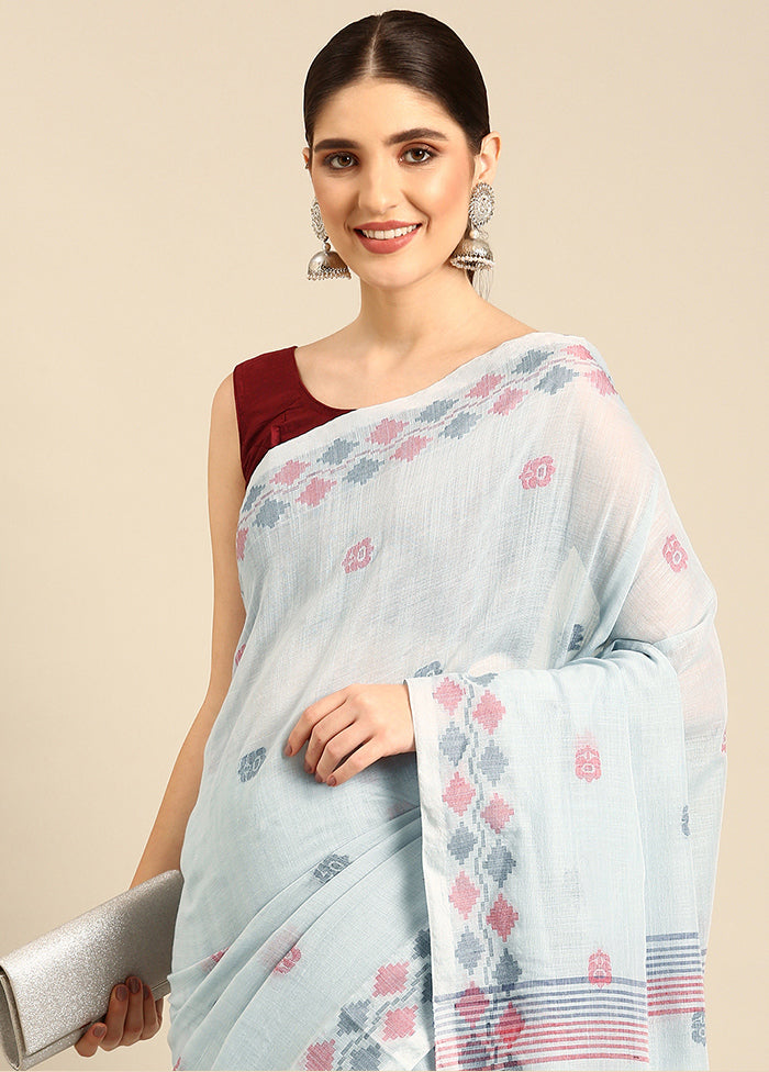 Sky Blue Cotton Saree With Blouse Piece