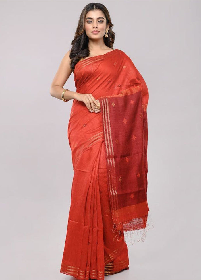 Red Dupion Silk Saree With Blouse Piece - Indian Silk House Agencies