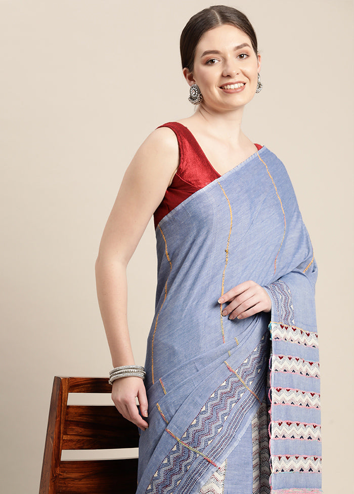 Sky Blue Pure Cotton Saree With Blouse Piece