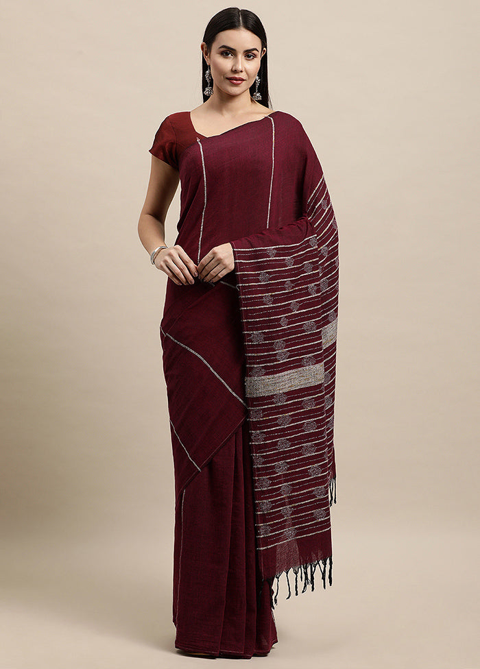 Maroon Pure Cotton Saree With Blouse Piece