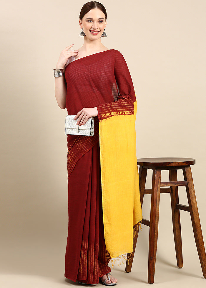 Maroon Pure Cotton Saree With Blouse Piece