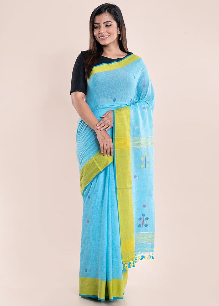 Blue Pure Cotton Saree With Blouse Piece