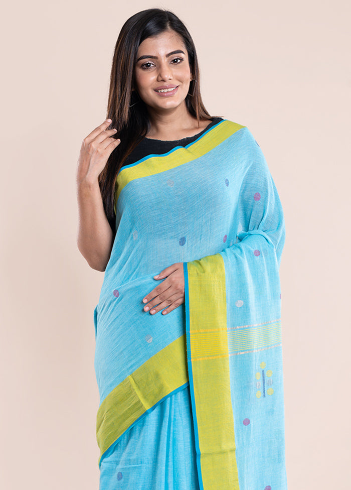 Blue Pure Cotton Saree With Blouse Piece