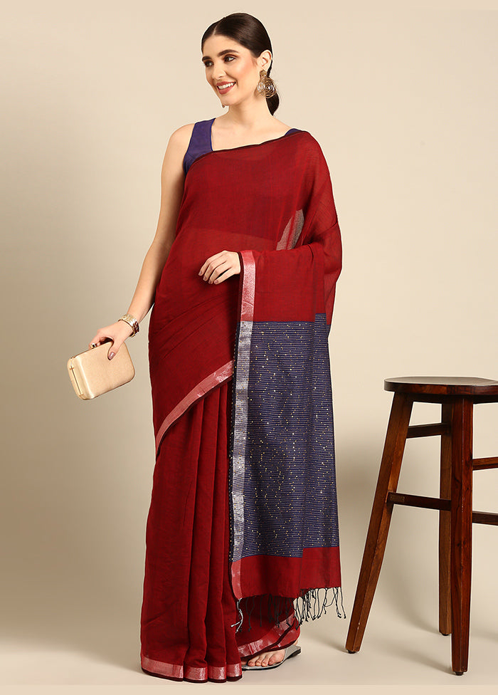 Maroon Navy Sequins Cotton  Saree without Blouse Piece